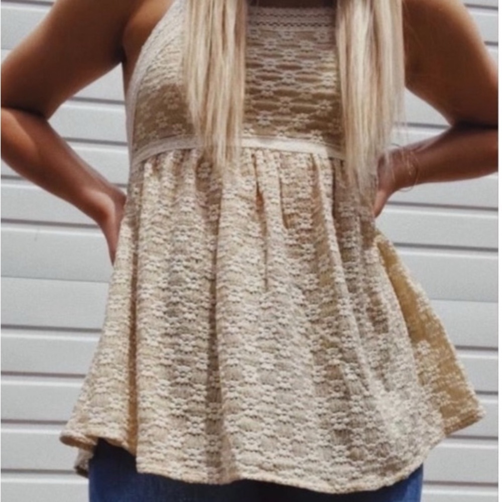 POL TAN EMBROIDERED LACE TRIMMED BABYDOLL TOP! - Picture 3 of 6